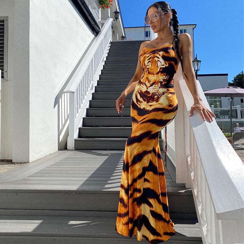 Sexy Animal Print Polyester Maxi Dress with Backless Lace-Up Detail