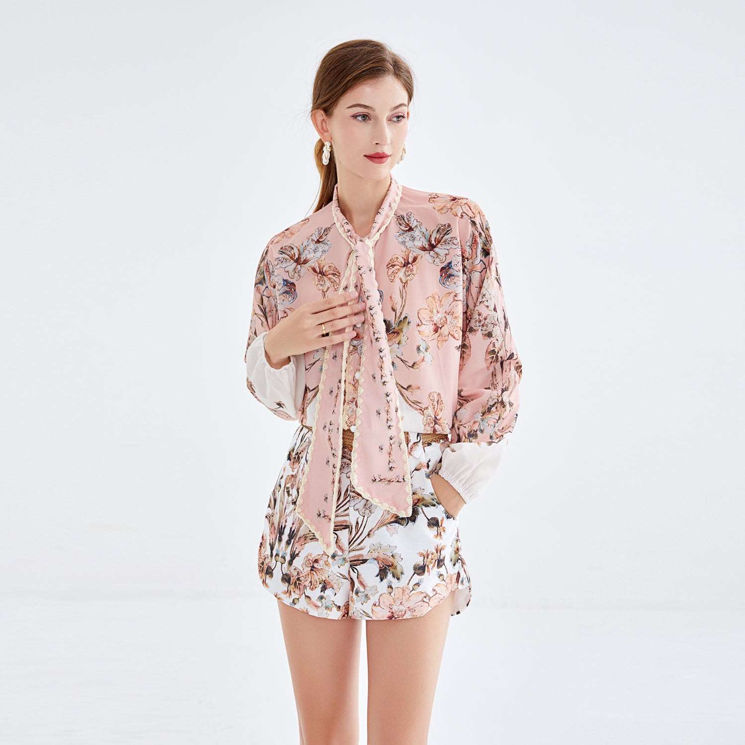 Lace-Up Cotton Linen Lace Shirt & Single-Breasted Shorts Set