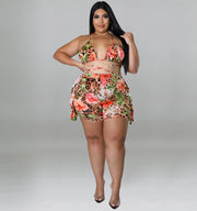 Plus Size Sexy Animal Print Halter Crop Top and High-Rise Shorts Set
