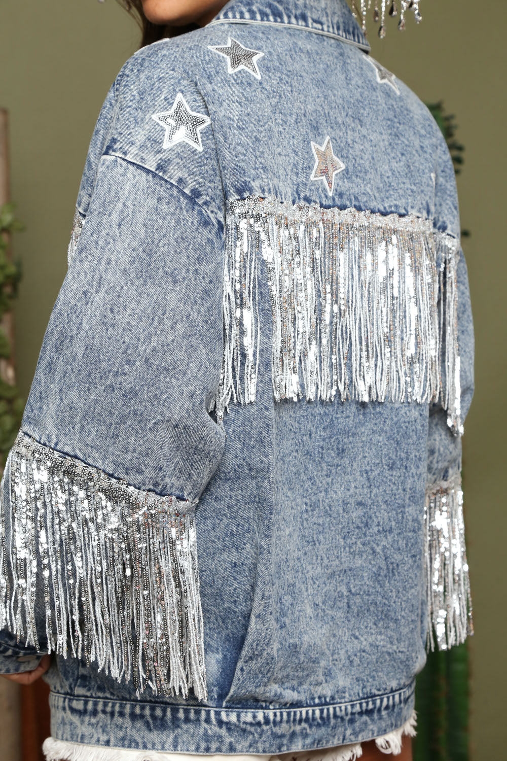 Denim Jacket – Graphic Star Sequin Tassel Fringe Coat for Women