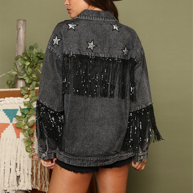 Denim Jacket – Graphic Star Sequin Tassel Fringe Coat for Women