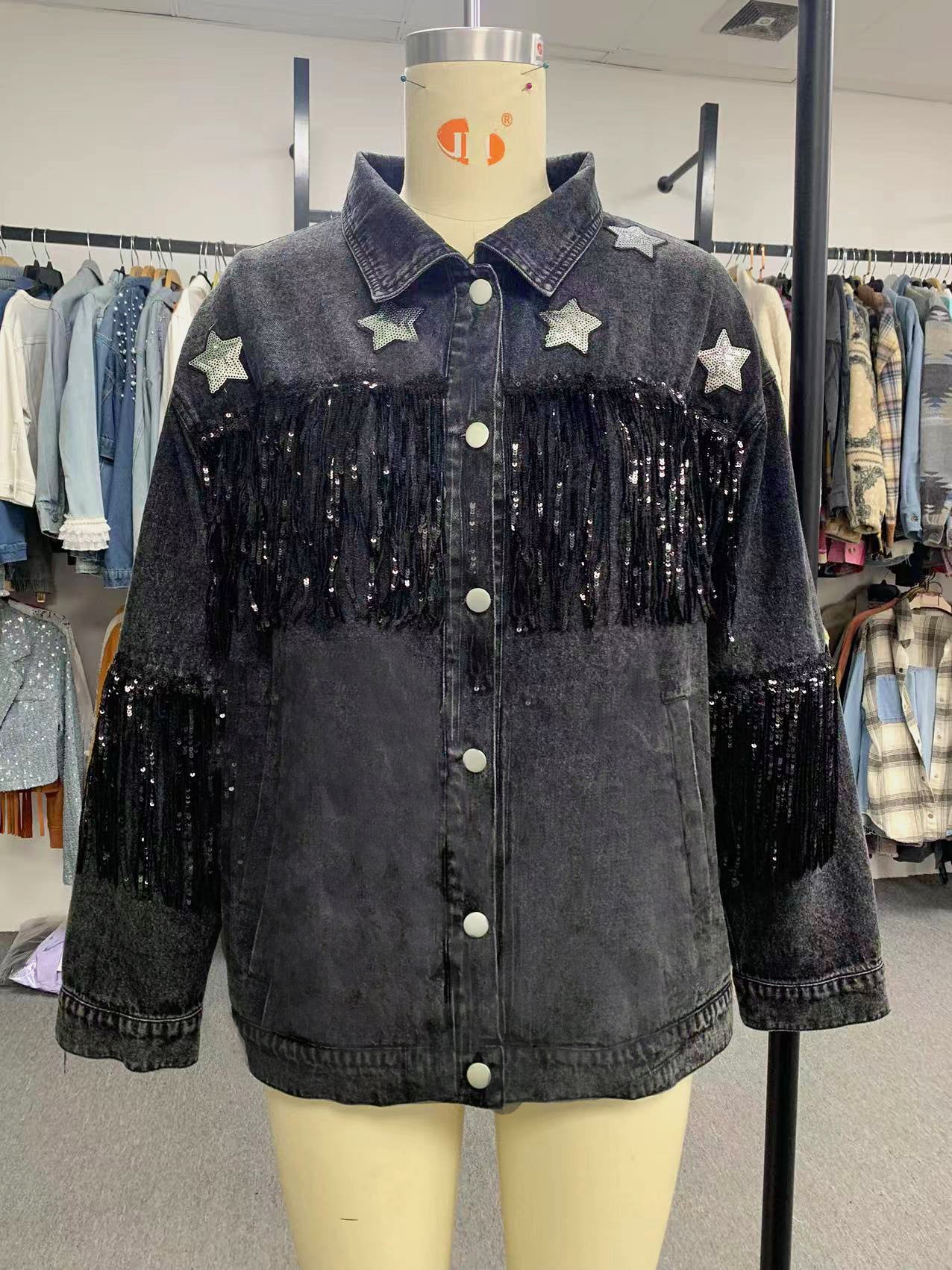 Denim Jacket – Graphic Star Sequin Tassel Fringe Coat for Women