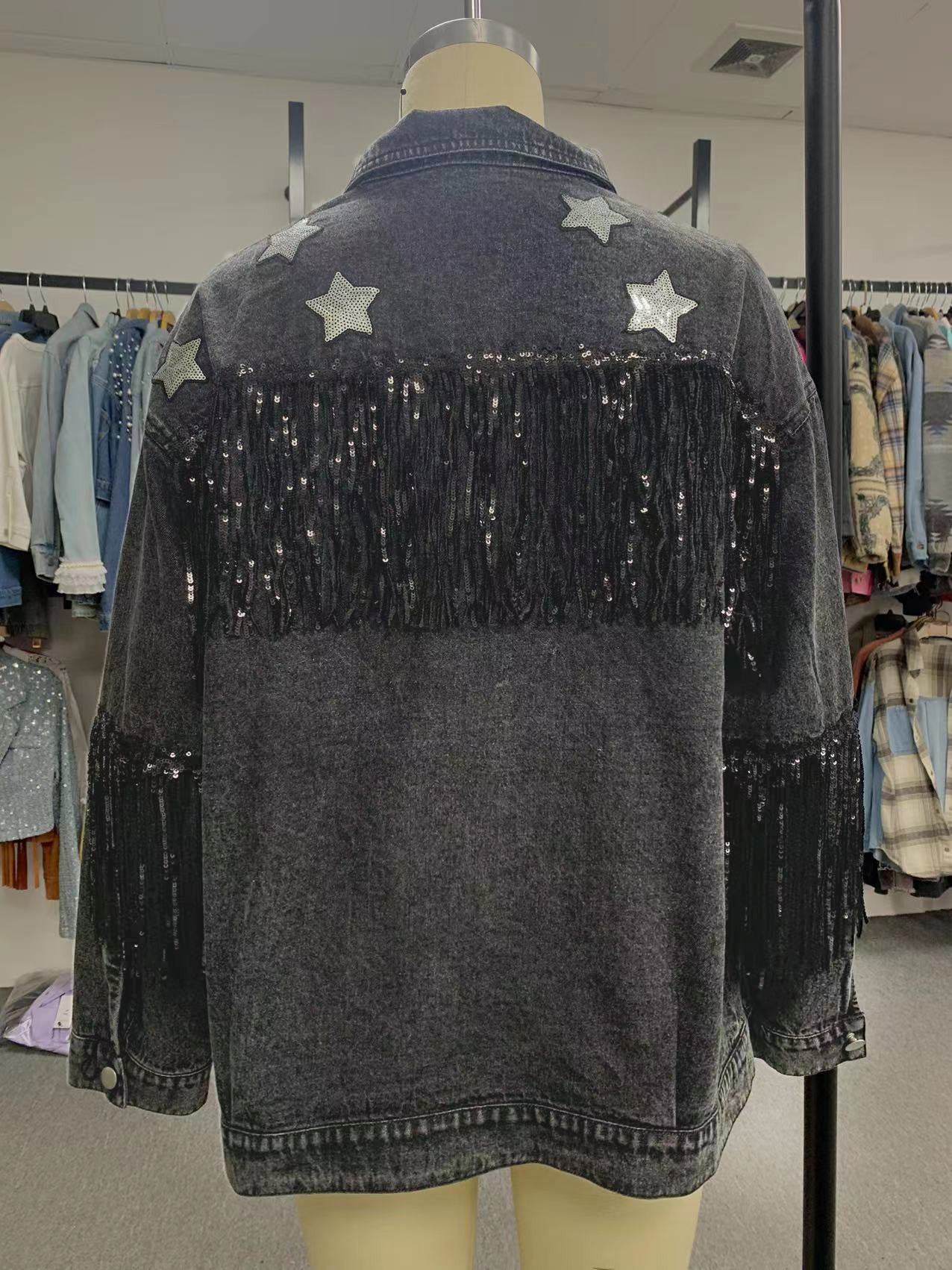 Denim Jacket – Graphic Star Sequin Tassel Fringe Coat for Women