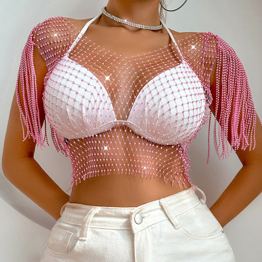 Rhinestone Sexy Fishnet Top – Summer Net Drill Short Sleeve Vest