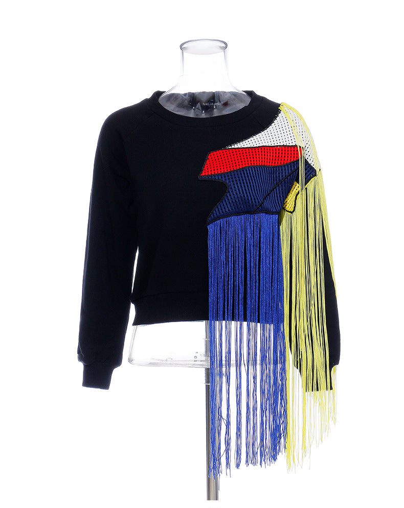 Casual Heavy Industry Rainbow Tassel Sweater – Mesh Patchwork Thickened Fleece Shirt for Fall