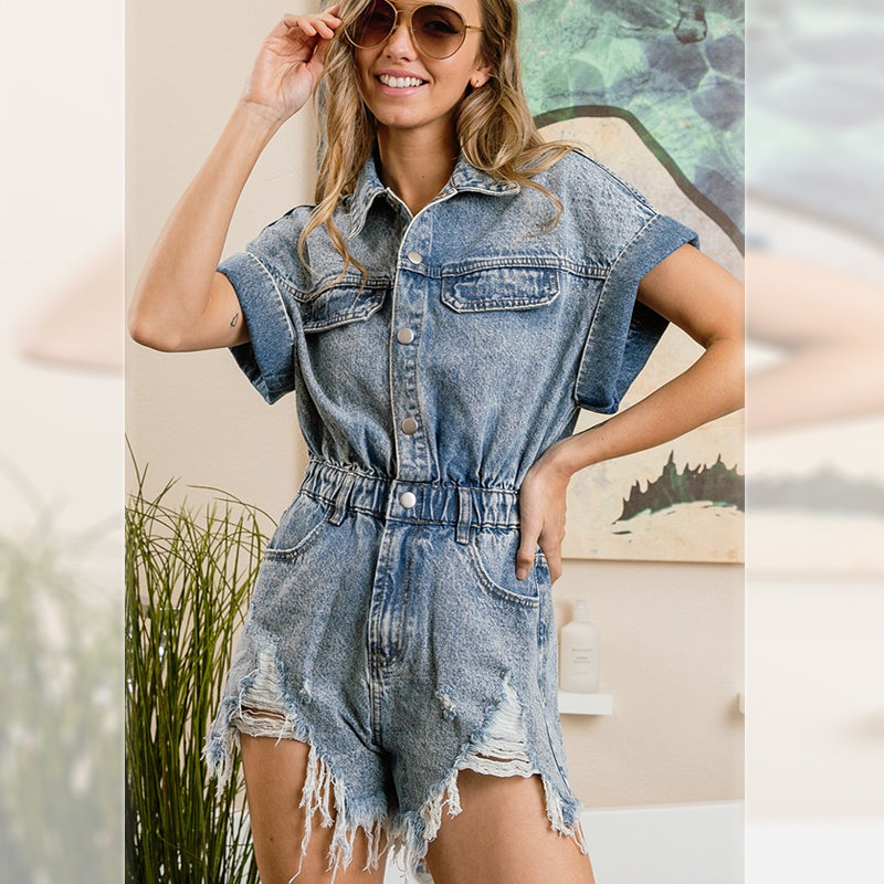 Denim Ripped Romper – Elastic Waist Short Sleeve Button-Up Denim Shorts for Women