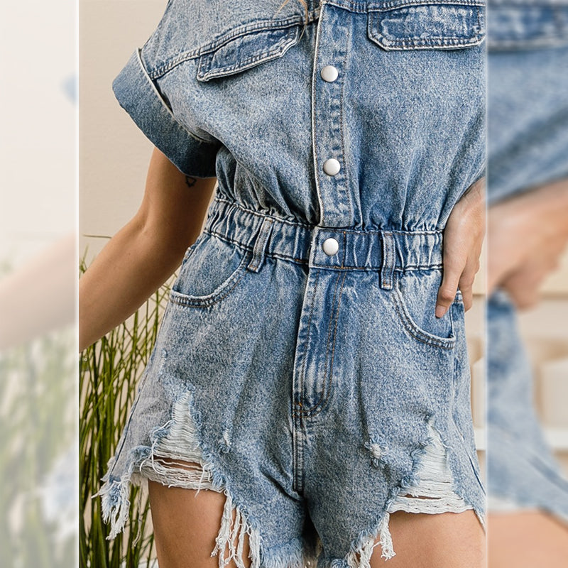 Denim Ripped Romper – Elastic Waist Short Sleeve Button-Up Denim Shorts for Women