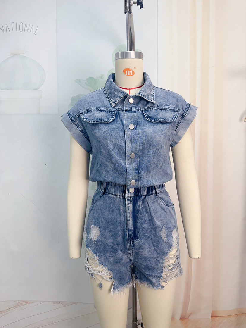 Denim Ripped Romper – Elastic Waist Short Sleeve Button-Up Denim Shorts for Women