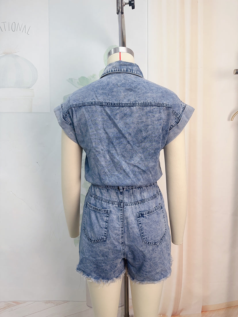 Denim Ripped Romper – Elastic Waist Short Sleeve Button-Up Denim Shorts for Women