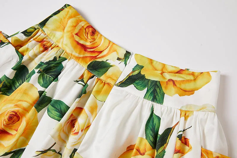 Elegant Floral Off-Shoulder Puff Sleeve Crop Top and Midi Skirt Set