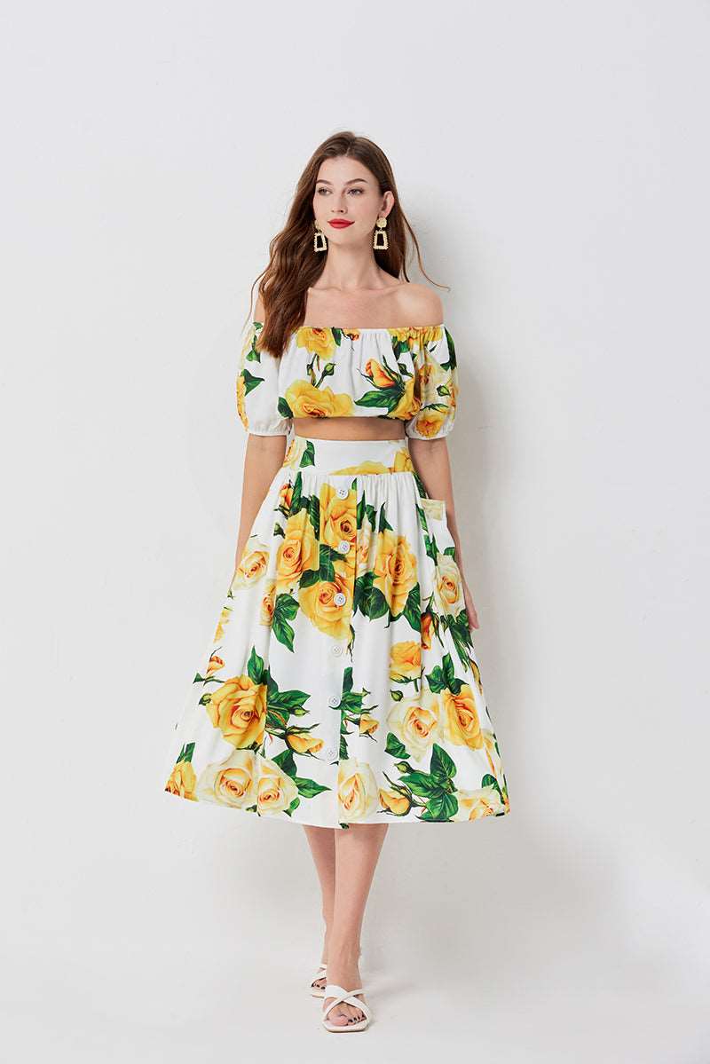 Elegant Floral Off-Shoulder Puff Sleeve Crop Top and Midi Skirt Set