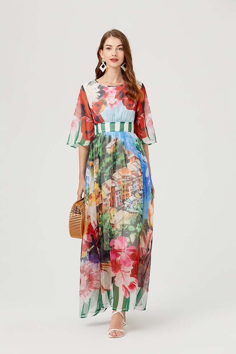 Sexy & Elegant Floral Backless Crew Neck Maxi A-Line Dress