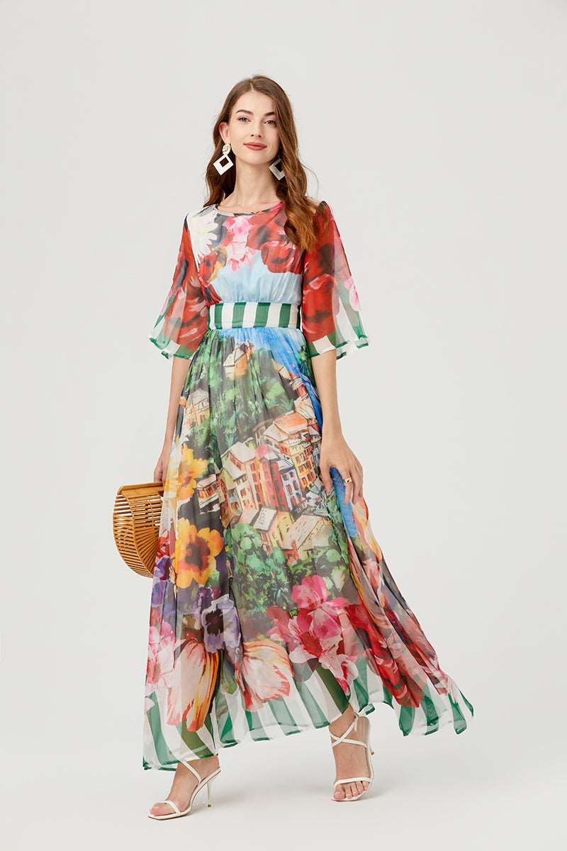 Sexy & Elegant Floral Backless Crew Neck Maxi A-Line Dress