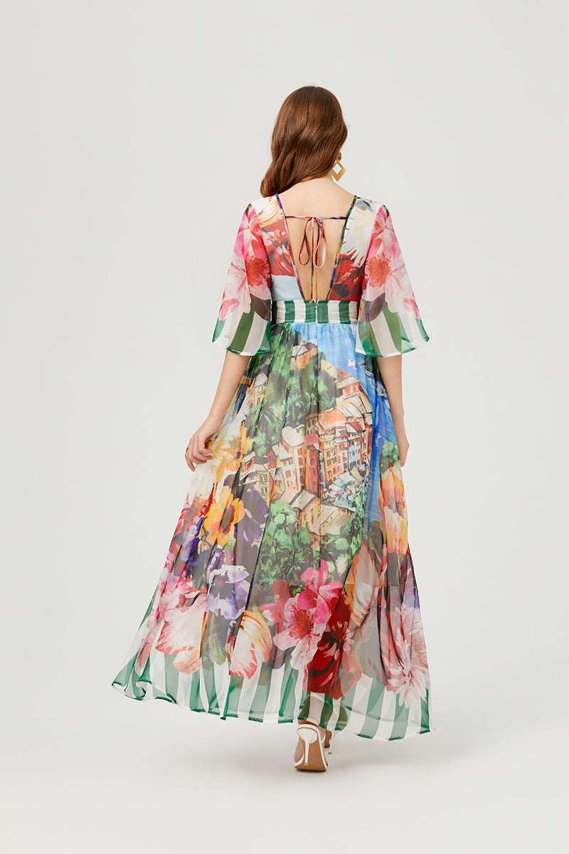 Sexy & Elegant Floral Backless Crew Neck Maxi A-Line Dress