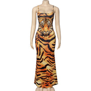 Sexy Animal Print Polyester Maxi Dress with Backless Lace-Up Detail