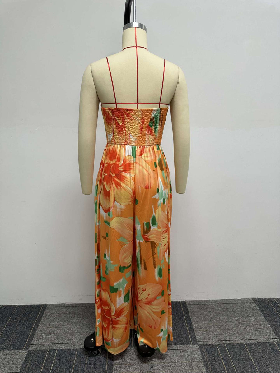 Floral Polyester Maxi Dress with Smocked Detail