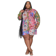 Plus Size Floral Geometric Tropical Print Collared Button-Up Top and High-Rise Shorts Set