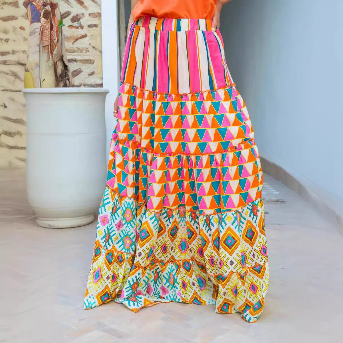 Geometric Ruffle Midi Skirt