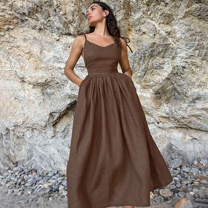 French Khaki Linen Strap High Waist Maxi Dress