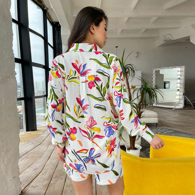 Summer Women Printed Long-Sleeved Shirt Shorts Ladies Women Two Piece Set