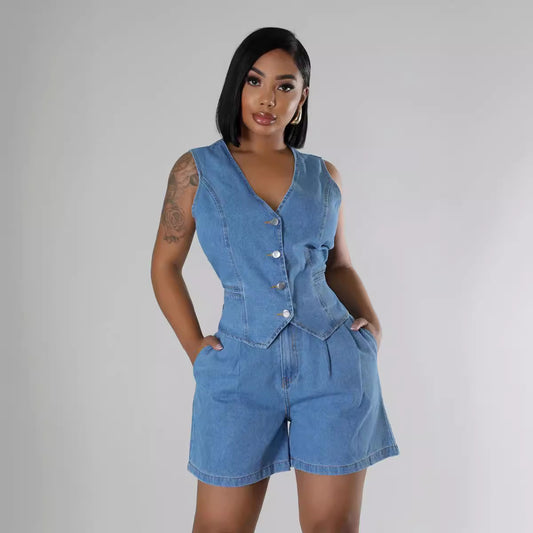 Casual Sleeveless Denim Shorts Set – High Waist V-Neck Button Top & Shorts