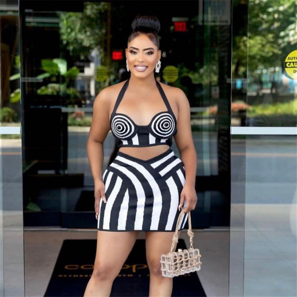 Sexy Black & White Striped Halter Backless Bandage Top Skirt Two-Piece Set