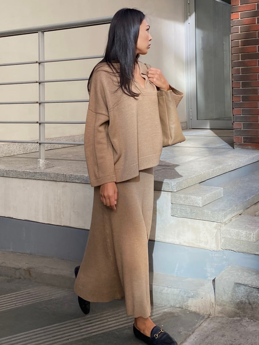 MiMi's Minimalist V Neck Solid Color Loose Sweater Skirt Set