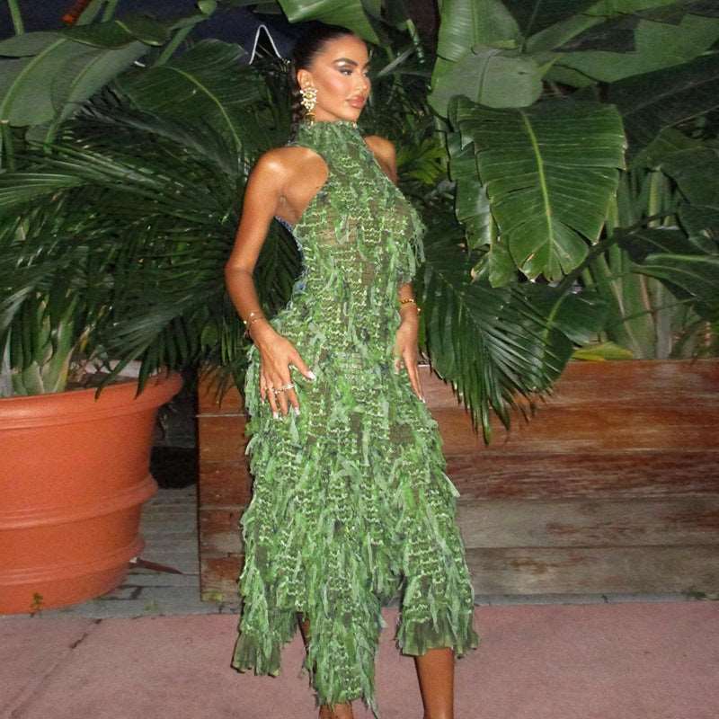 Poison Ivy's Turtleneck Sleeveless Tassel Maxi Dress