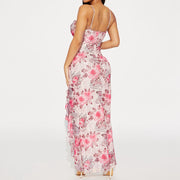 Floral Fantasy: Ruffled High Slit Strap Dress for Summer