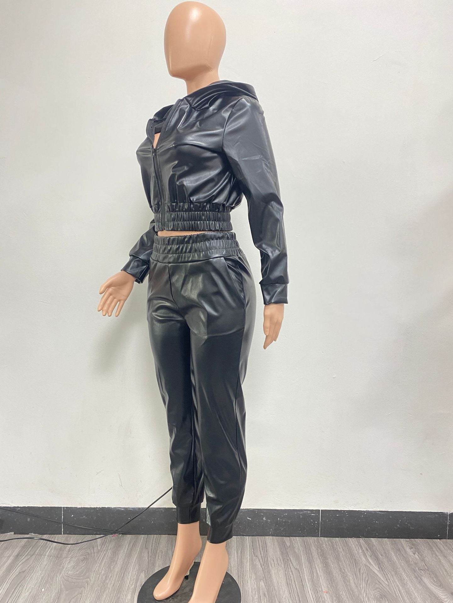 Faux Leather Casual Two-Piece Suit Set with Collared Top