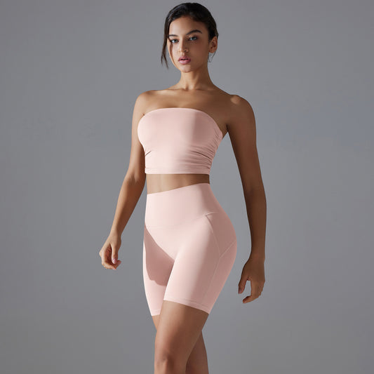 One Piece Pleated Tube Top High Waist Yoga Set