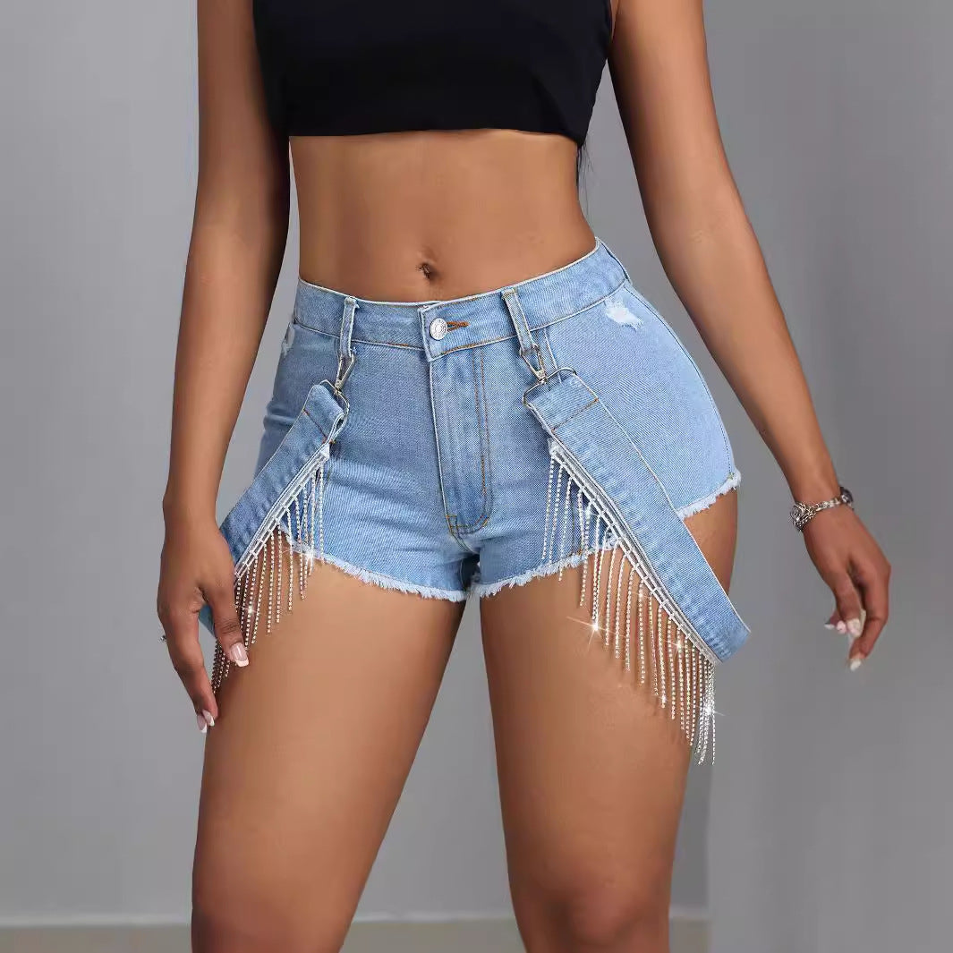 Slim Fit Tassel Lace-Up Raw Hem Mini Denim Shorts – Sexy & Bold