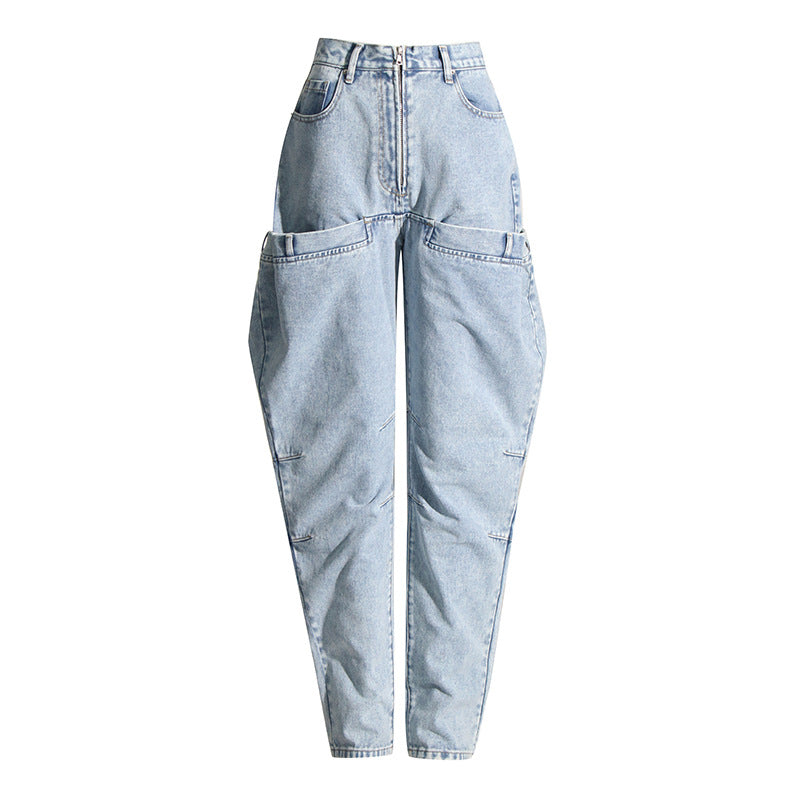 Retro High Rise Mom Jeans – Slimming Skinny Denim with Unique Stitching and Zipper Pockets