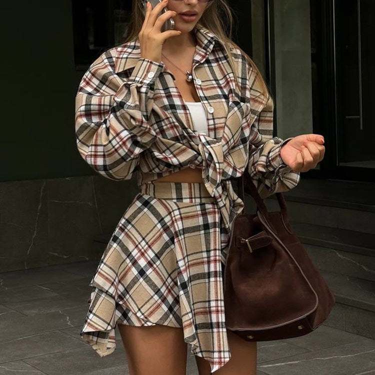 Elegant Plaid Shirt & Asymmetric Skirt Set – Loose-Fit Long Sleeve Street Style Outfit