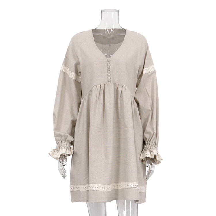 Elegant V-Neck Faux Linen A-Line Dress