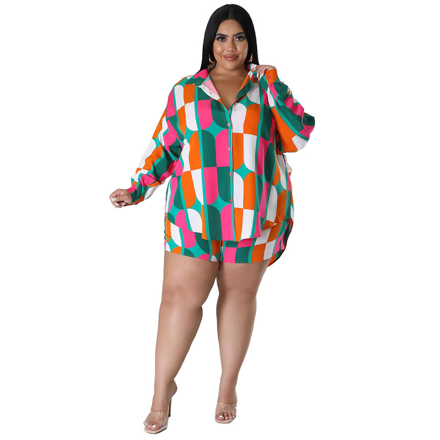 Plus Size Floral Geometric Tropical Print Collared Button-Up Top and High-Rise Shorts Set