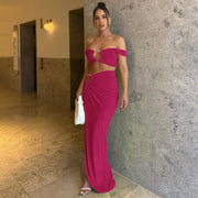 Sexy Polyester Crop Top and Maxi Skirt Set with Ruched Detail