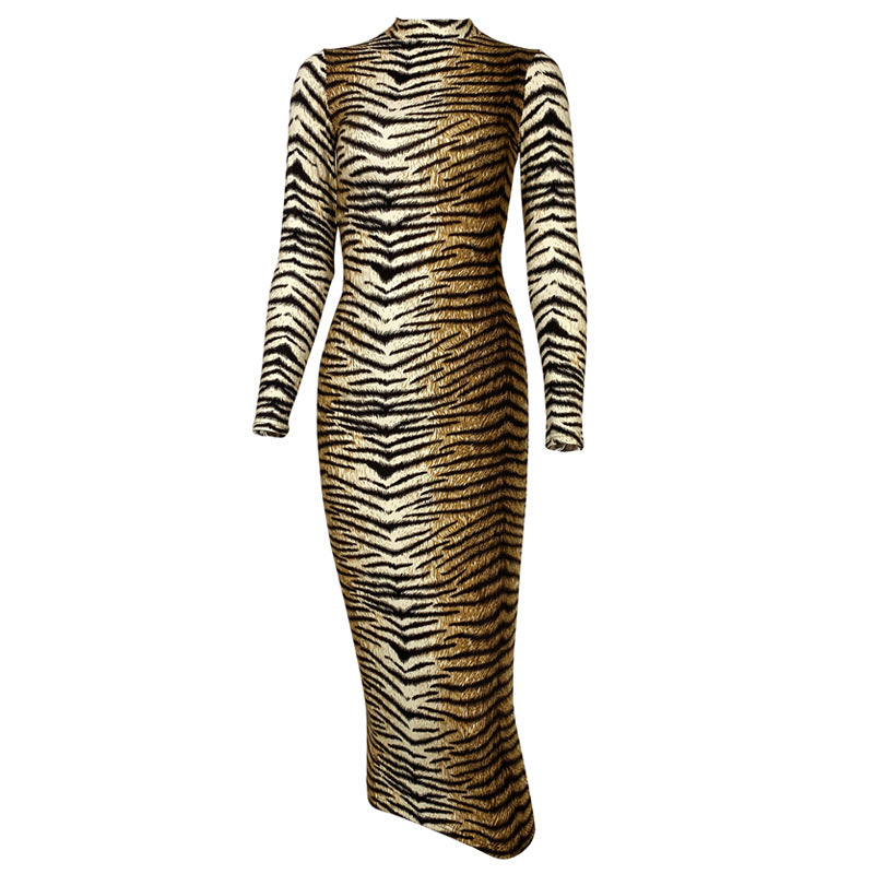 Sexy Leopard Print Long Sleeve Bodycon Midi Dress – Fall/Winter Party Dress for Women