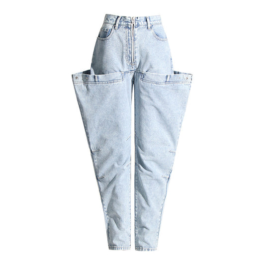 Retro High Rise Mom Jeans – Slimming Skinny Denim with Unique Stitching and Zipper Pockets