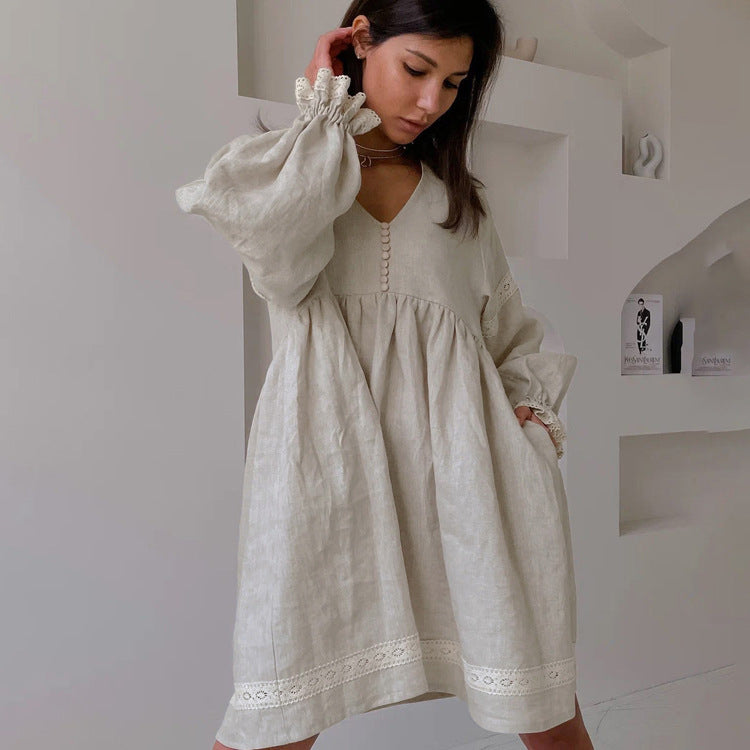 Elegant V-Neck Faux Linen A-Line Dress