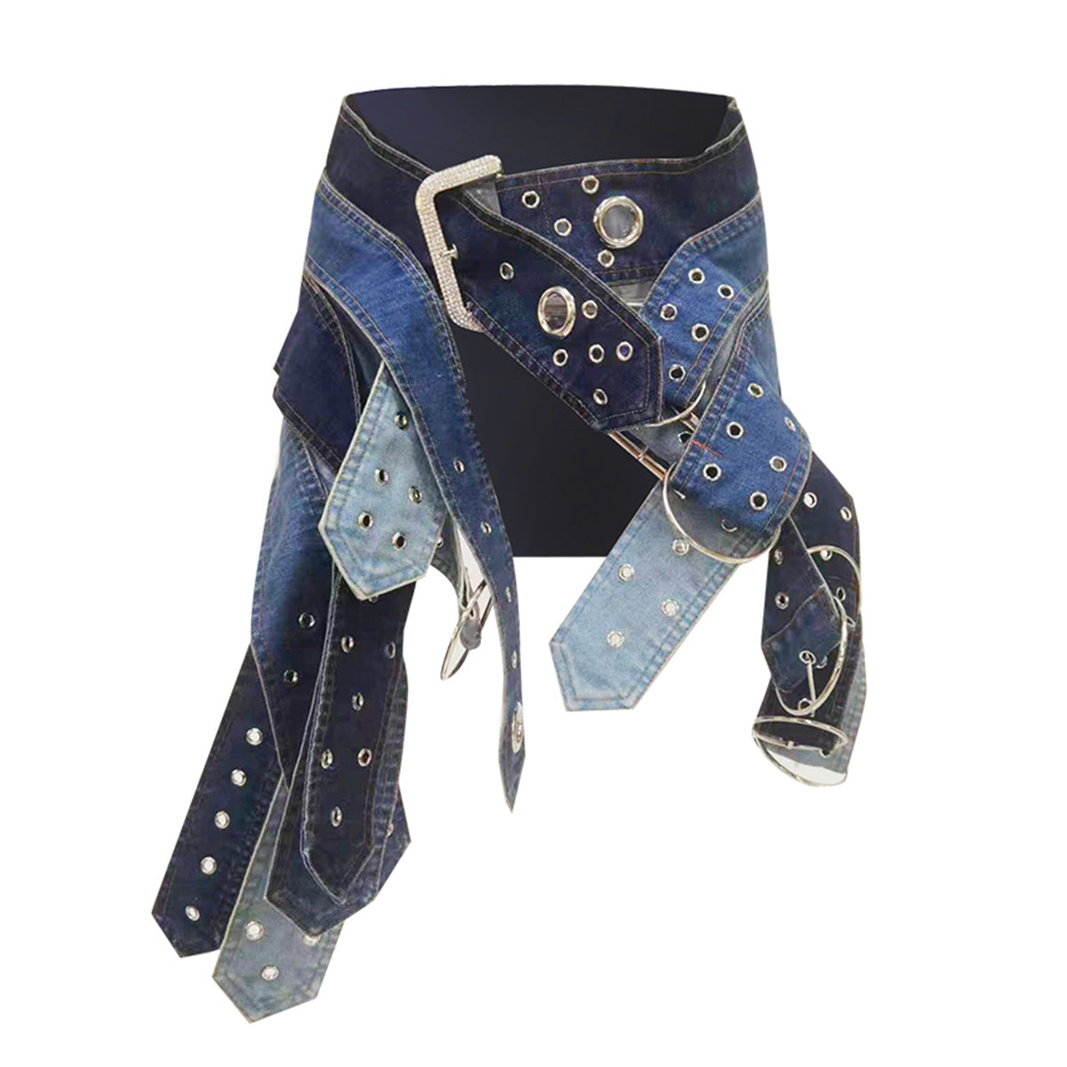 Cowboy Carter Western-Inspired Belted Low Rise Mini Denim Skirt with Antique Silver Buckle