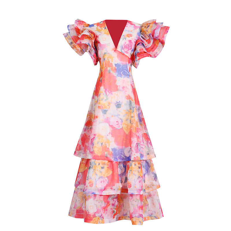 Elegant Floral Ruffle V-Neck Butterfly Sleeve Maxi Dress