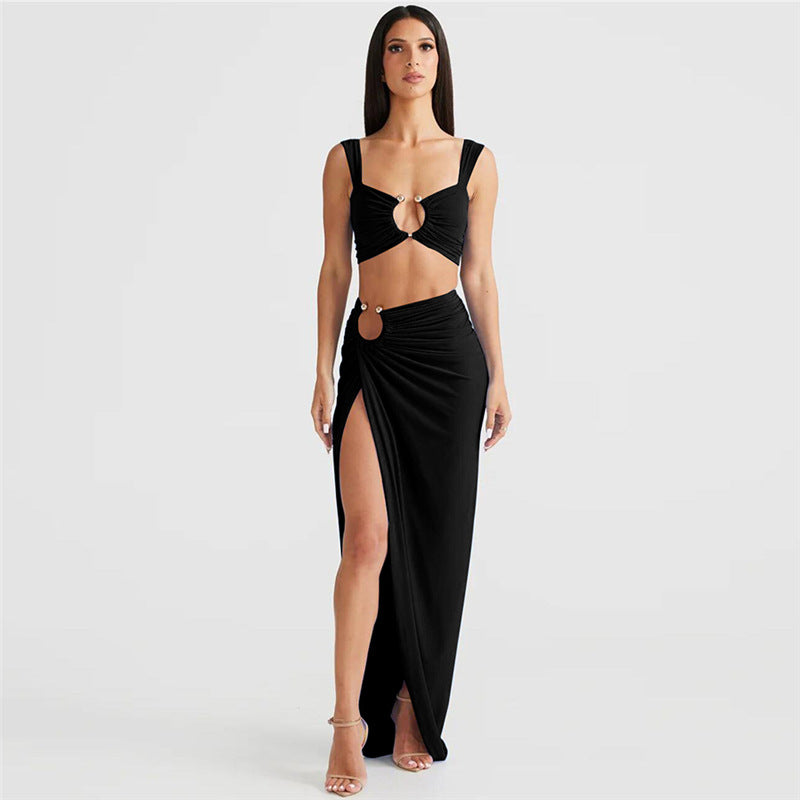 Sexy Polyester Crop Top and Maxi Skirt Set with Ruched Detail