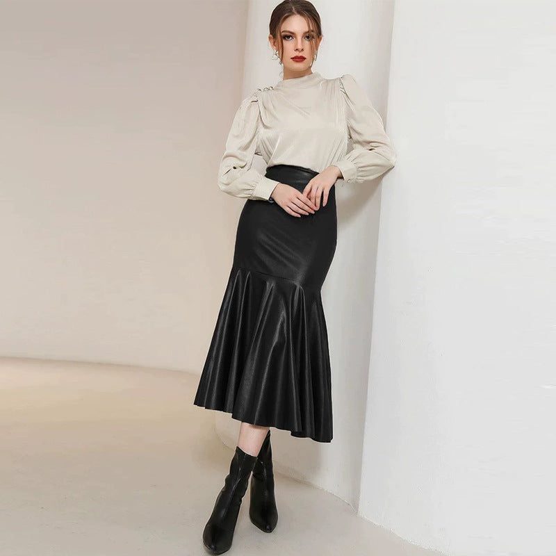 Trendy High-Waist Black Faux Leather Midi Skirt