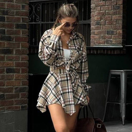 Elegant Plaid Shirt & Asymmetric Skirt Set – Loose-Fit Long Sleeve Street Style Outfit