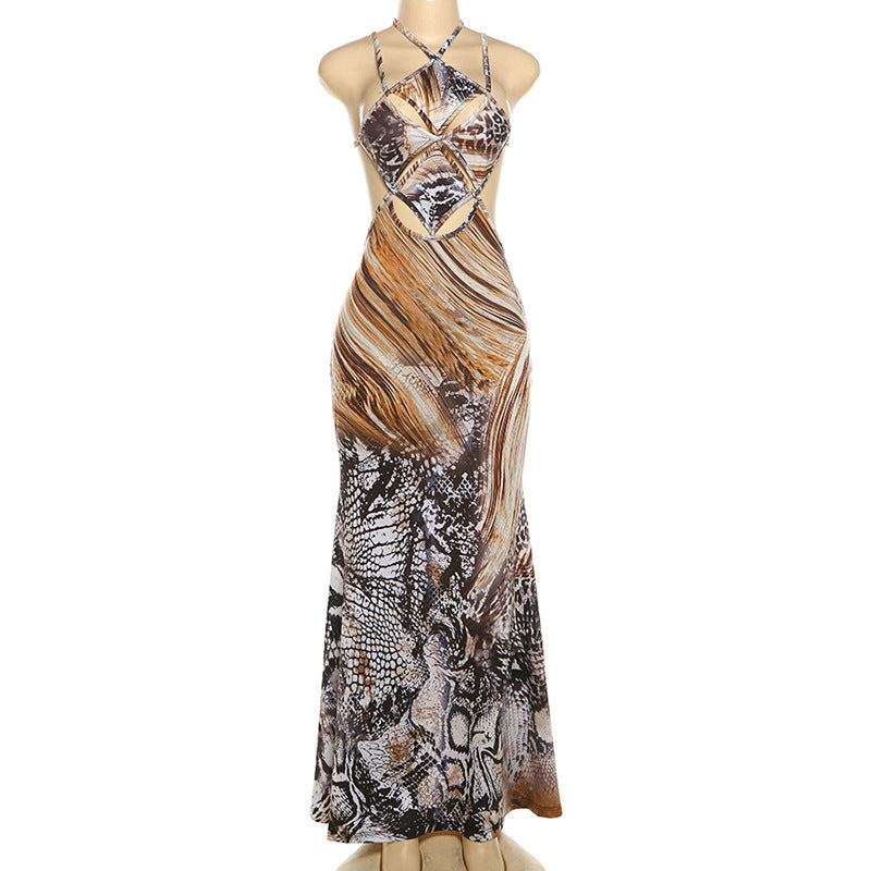 Viper Halter Snake Print Cutout Maxi Dress