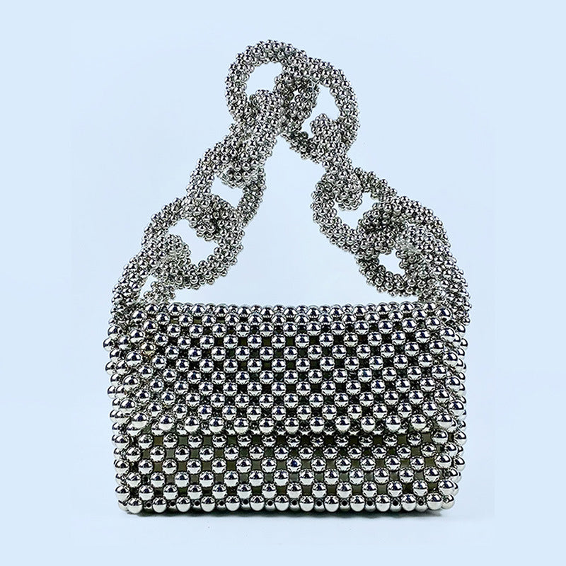 Light Luxury Beaded Cocktail Square Bag – Elegant Flip Ring Handbag