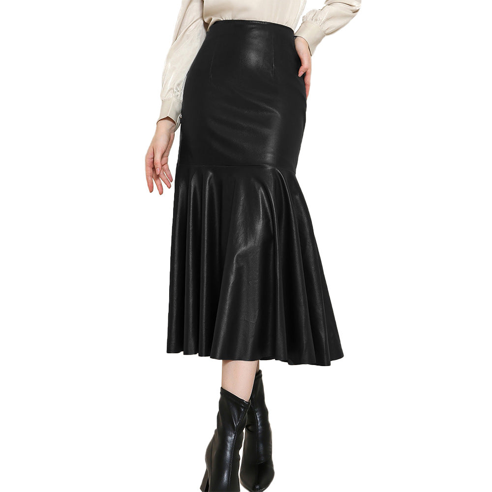 Trendy High-Waist Black Faux Leather Midi Skirt