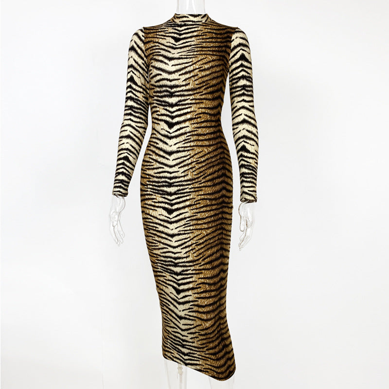 Sexy Leopard Print Long Sleeve Bodycon Midi Dress – Fall/Winter Party Dress for Women