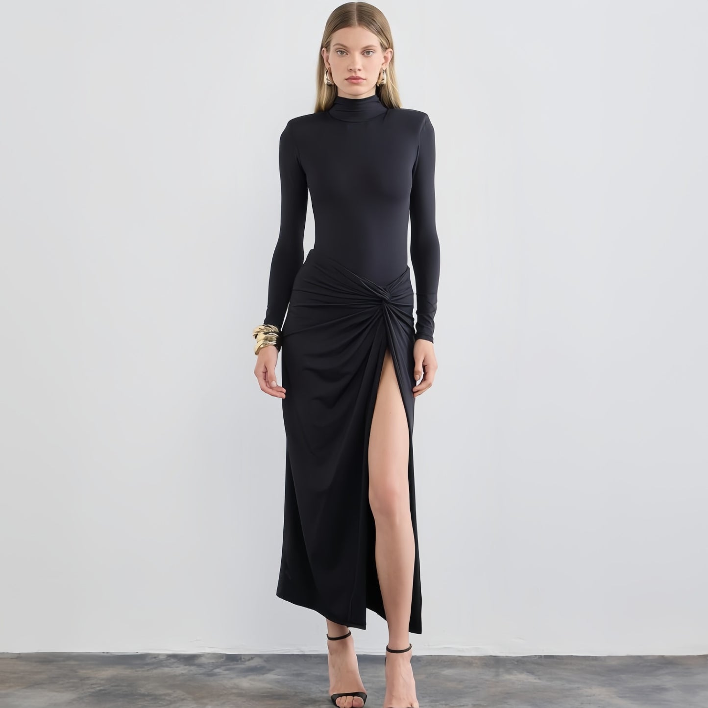 ✨ Sleek & Sexy: Twisted Slit Maxi Dress with Half Turtleneck ✨